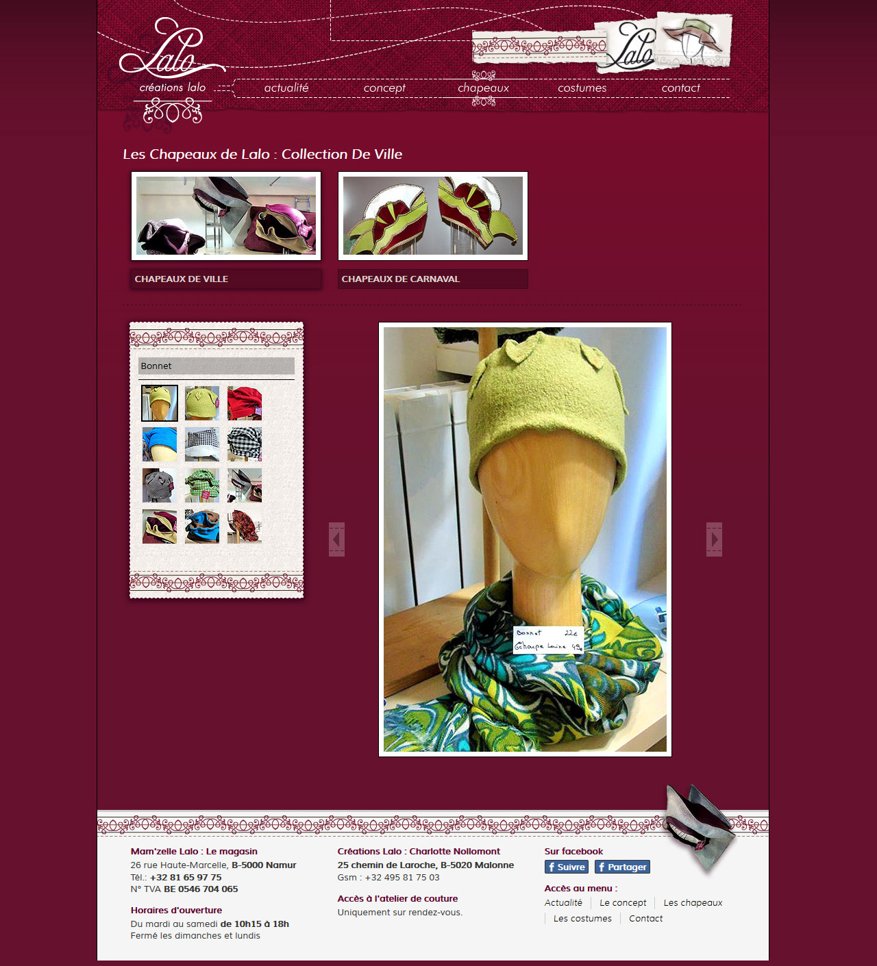 Page présentant les créations chapeaux avec galerie images