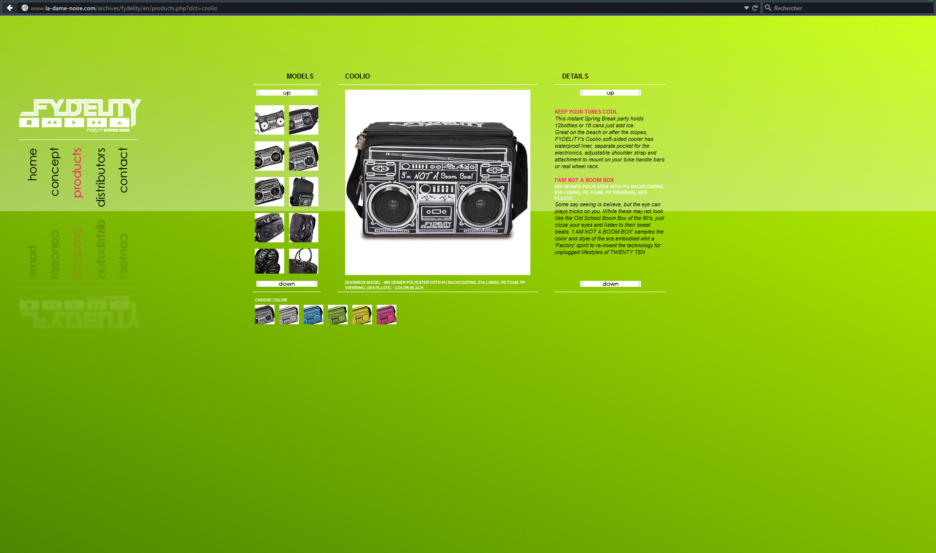 Screenshot of Products page from Fydelity Stereobags website