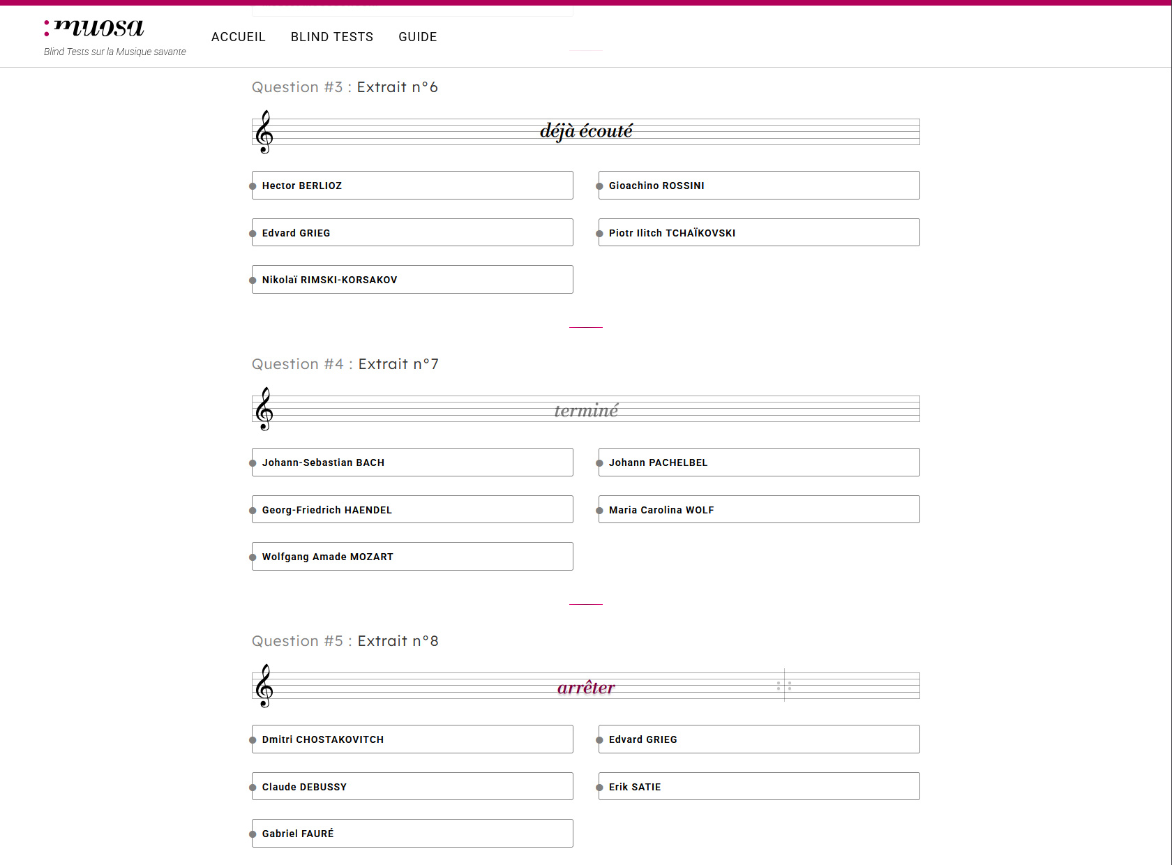Screenshot of a blind test from the MuOSa application