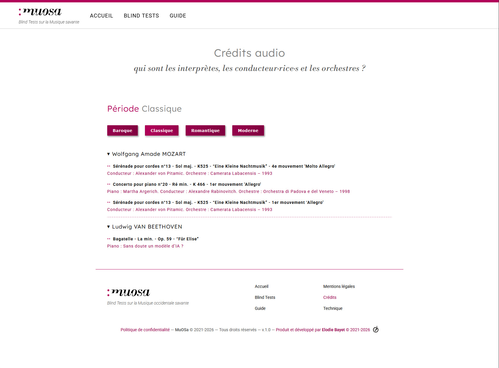 Screenshot of the audio credits from MuOSa application