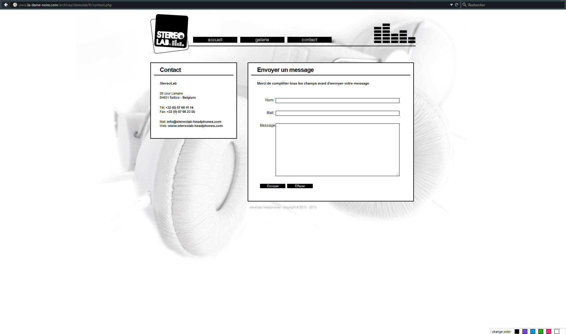 Screenshot of Contact page from Stereolab Headphones website